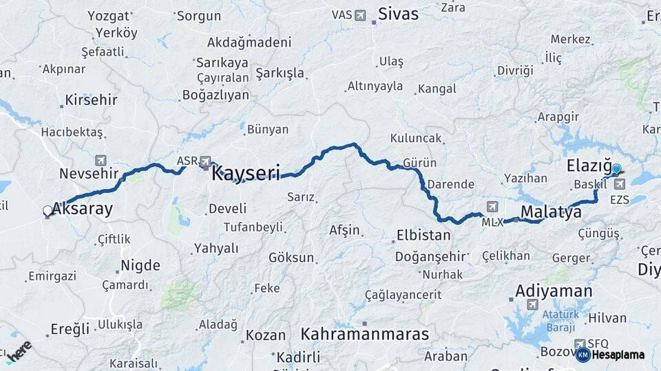 Elazığ Aksaray Arası Kaç Km - Yol Haritası