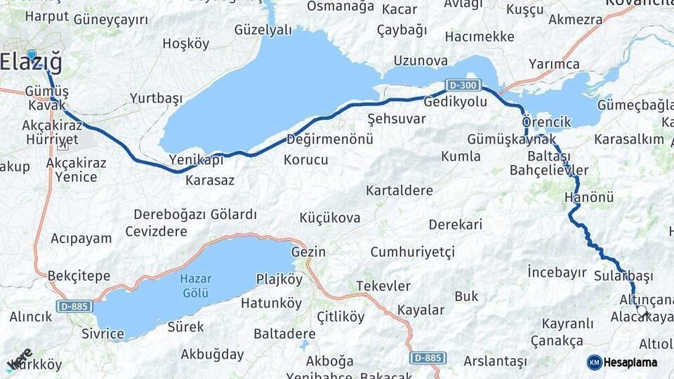 Elazığ Alacakaya Arası Kaç Km - Yol Haritası