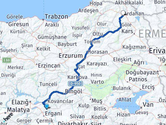 Elazığ Alacakaya Ardahan Arası Kaç Km - Yol Haritası