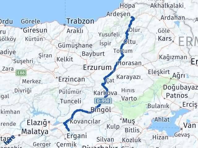 Elazığ Alacakaya Artvin Arası Kaç Km - Yol Haritası