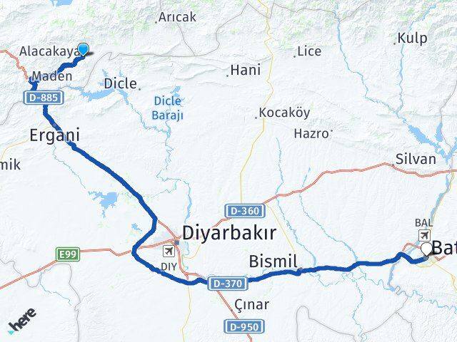 Elazığ Alacakaya Batman Arası Kaç Km - Yol Haritası