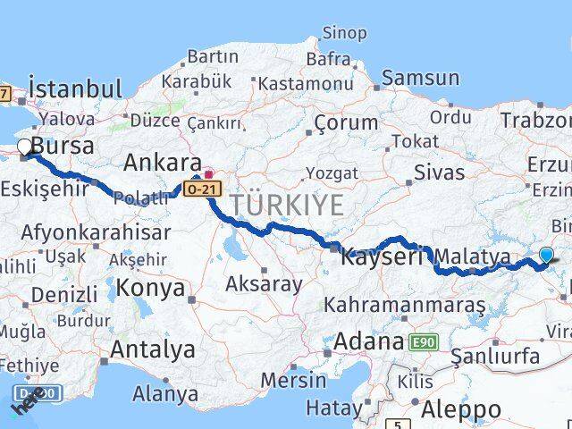 Elazığ Alacakaya Bursa Arası Kaç Km - Yol Haritası