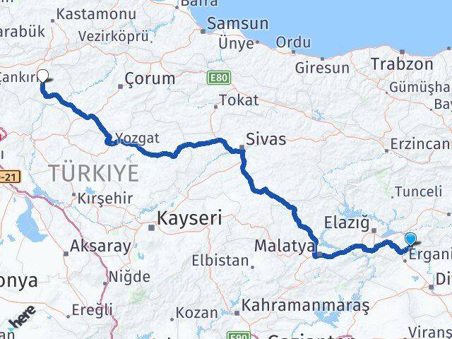 Elazığ Alacakaya Çankırı Arası Kaç Km - Yol Haritası