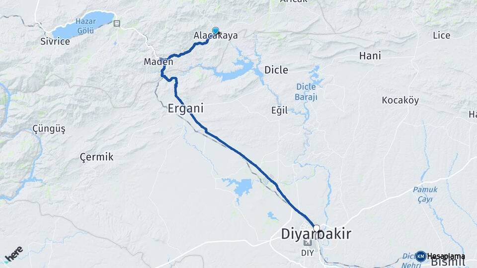 Elazığ Alacakaya Diyarbakır Arası Kaç Km - Yol Haritası
