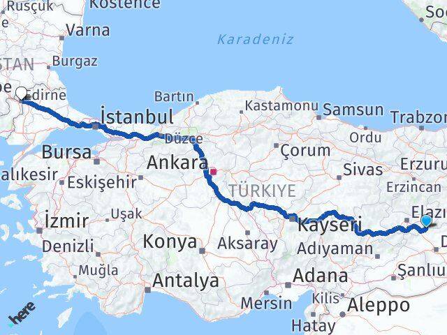 Elazığ Alacakaya Edirne Arası Kaç Km - Yol Haritası