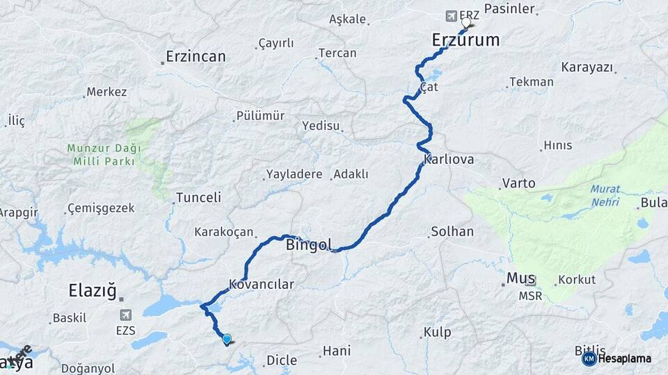 Elazığ Alacakaya Erzurum Arası Kaç Km - Yol Haritası