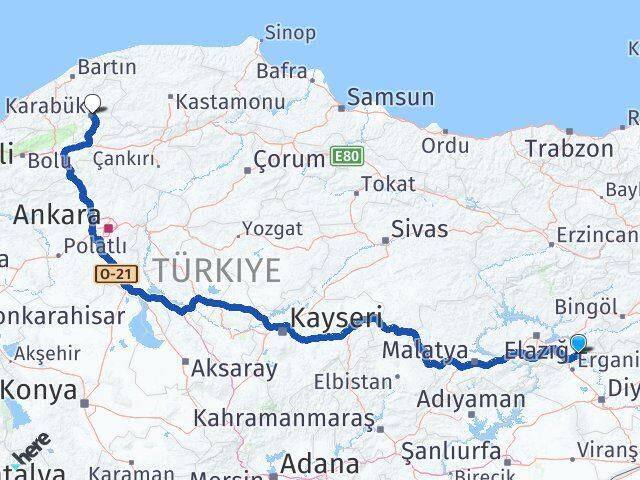 Elazığ Alacakaya Karabük Arası Kaç Km - Yol Haritası