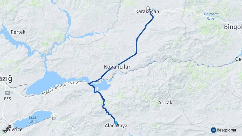 Elazığ Alacakaya Karakoçan Arası Kaç Km - Yol Haritası