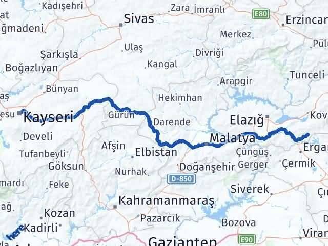 Elazığ Alacakaya Kayseri Arası Kaç Km - Yol Haritası