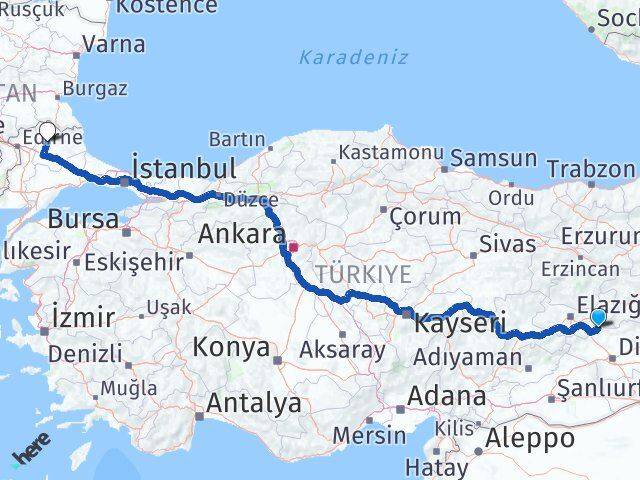 Elazığ Alacakaya Kırklareli Arası Kaç Km - Yol Haritası