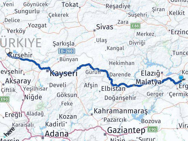 Elazığ Alacakaya Kırşehir Arası Kaç Km - Yol Haritası