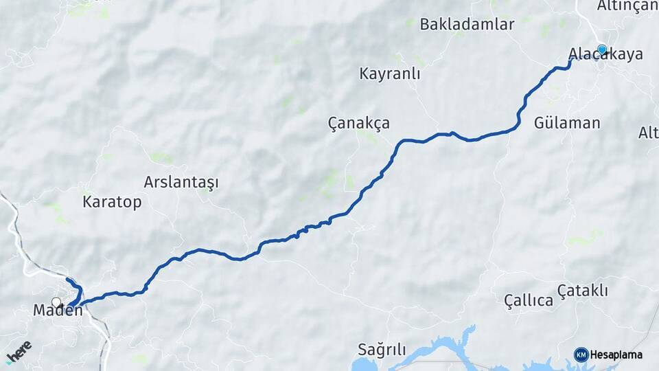 Elazığ Alacakaya Maden Arası Kaç Km - Yol Haritası