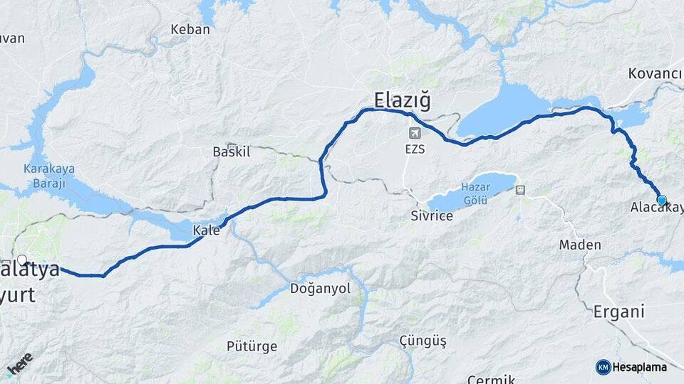 Elazığ Alacakaya Malatya Arası Kaç Km - Yol Haritası