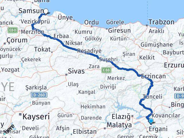 Elazığ Alacakaya Samsun Arası Kaç Km - Yol Haritası