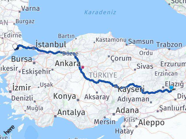 Elazığ Alacakaya Tekirdağ Arası Kaç Km - Yol Haritası