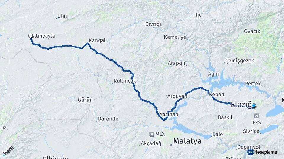 Elazığ Altınyayla Sivas Arası Kaç Km - Yol Haritası
