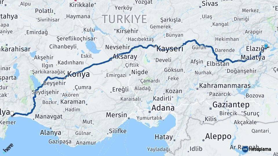 Elazığ Antalya Arası Kaç Km - Yol Haritası