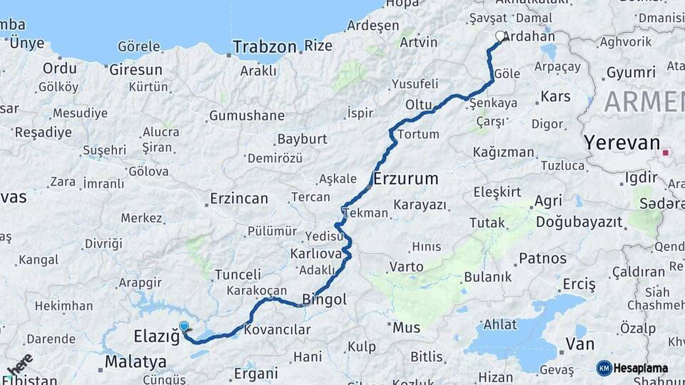 Elazığ Ardahan Arası Kaç Km - Yol Haritası