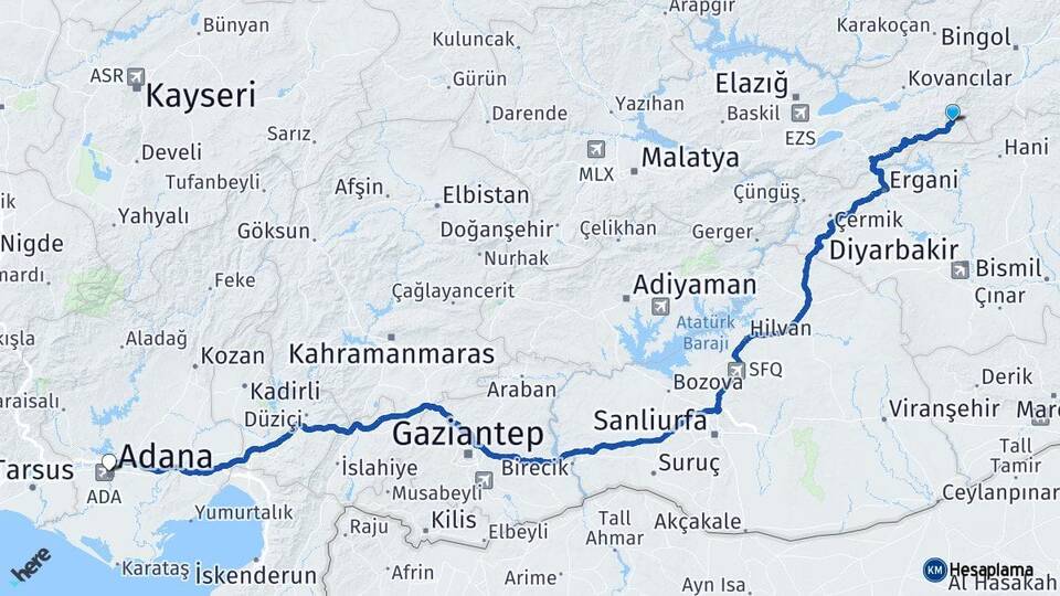 Elazığ Arıcak Adana Arası Kaç Km - Yol Haritası