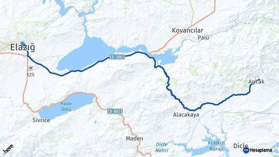 Elazığ Arıcak Arası Kaç Km - Yol Haritası