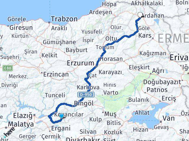 Elazığ Arıcak Ardahan Arası Kaç Km - Yol Haritası