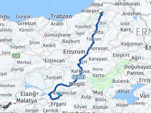 Elazığ Arıcak Artvin Arası Kaç Km - Yol Haritası