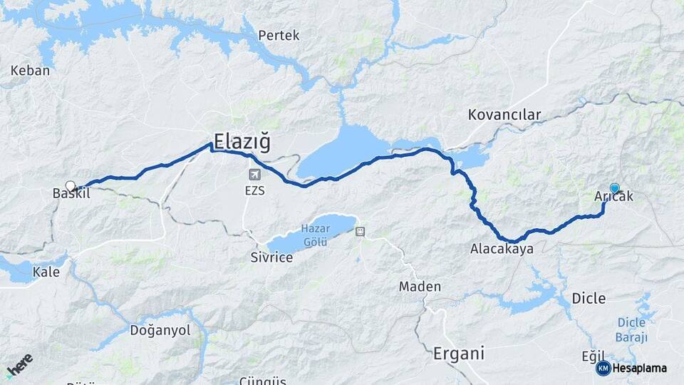 Elazığ Arıcak Baskil Arası Kaç Km - Yol Haritası