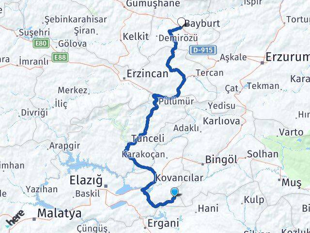 Elazığ Arıcak Bayburt Arası Kaç Km - Yol Haritası