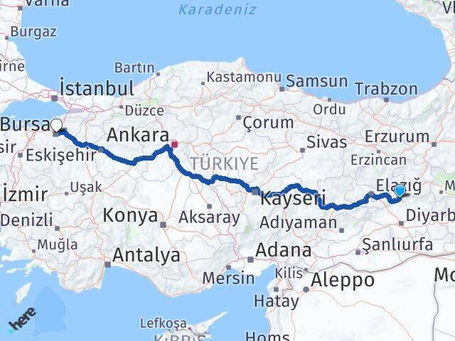 Elazığ Arıcak Bursa Arası Kaç Km - Yol Haritası