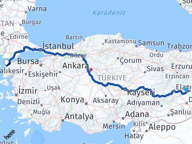 Elazığ Arıcak Çanakkale Arası Kaç Km - Yol Haritası