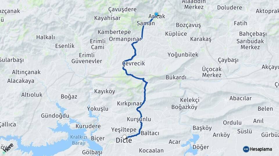 Elazığ Arıcak Dicle Diyarbakır Arası Kaç Km - Yol Haritası