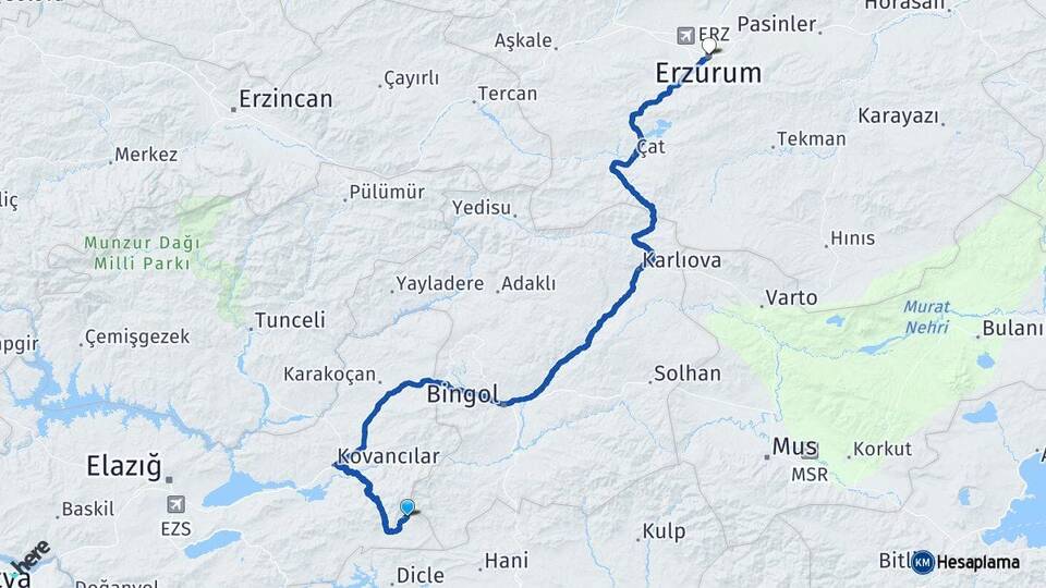 Elazığ Arıcak Erzurum Arası Kaç Km - Yol Haritası