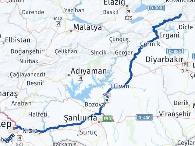 Elazığ Arıcak Gaziantep Arası Kaç Km - Yol Haritası