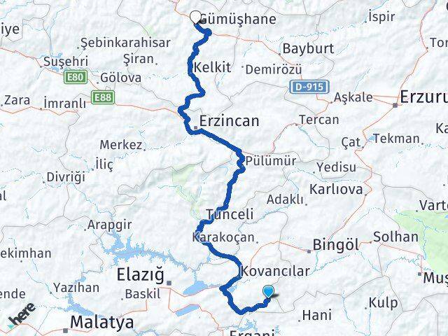 Elazığ Arıcak Gümüşhane Arası Kaç Km - Yol Haritası