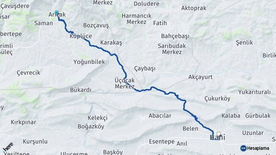 Elazığ Arıcak Hani Diyarbakır Arası Kaç Km - Yol Haritası