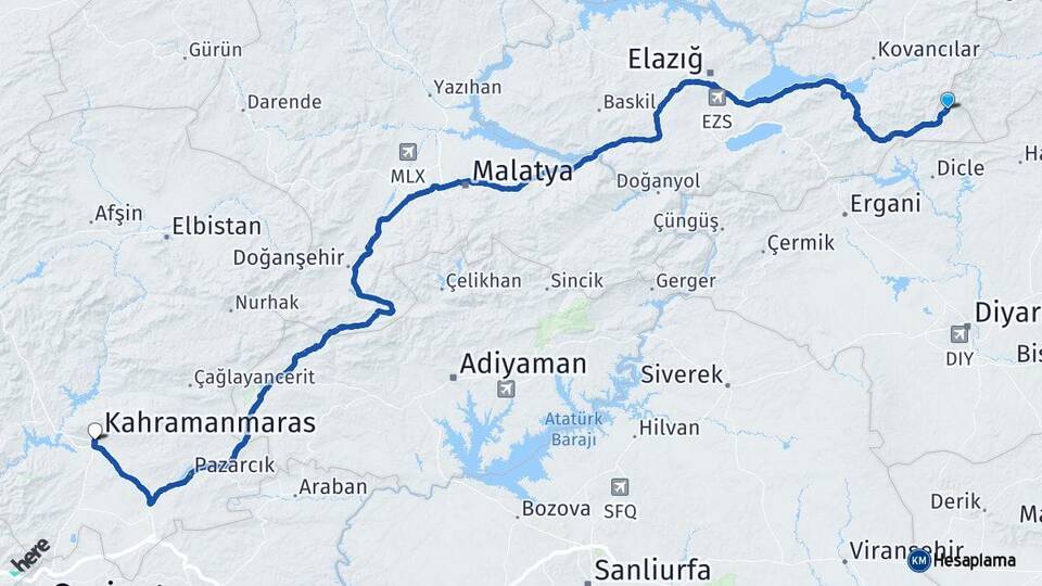 Elazığ Arıcak Kahramanmaraş Arası Kaç Km - Yol Haritası