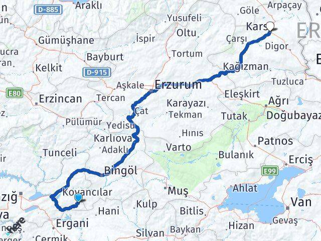 Elazığ Arıcak Kars Arası Kaç Km - Yol Haritası