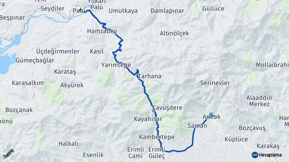 Elazığ Arıcak Palu Arası Kaç Km - Yol Haritası