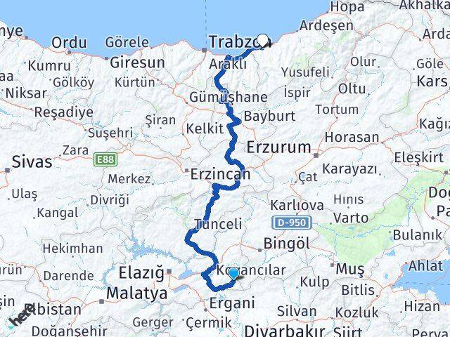 Elazığ Arıcak Rize Arası Kaç Km - Yol Haritası