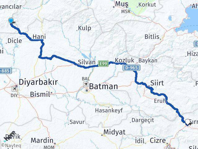 Elazığ Arıcak Şırnak Arası Kaç Km - Yol Haritası