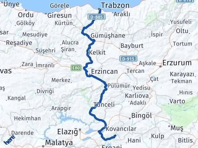Elazığ Arıcak Trabzon Arası Kaç Km - Yol Haritası