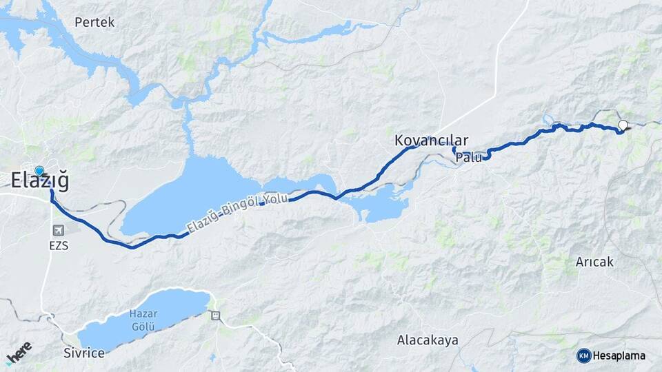 Elazığ Arındık Palu Arası Kaç Km - Yol Haritası