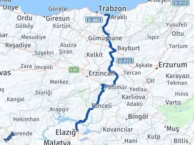 Elazığ Arsin Trabzon Arası Kaç Km - Yol Haritası