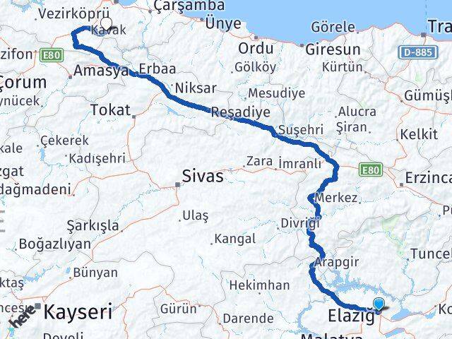 Elazığ Asarcık Samsun Arası Kaç Km - Yol Haritası