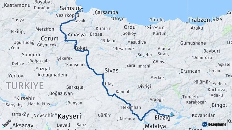 Elazığ Atakum Samsun Arası Kaç Km - Yol Haritası