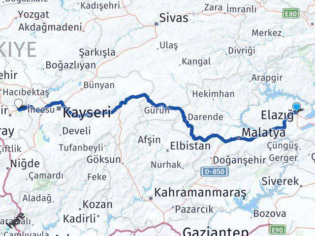 Elazığ Avanos Nevşehir Arası Kaç Km - Yol Haritası