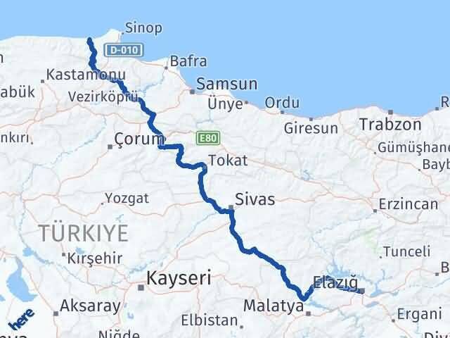 Elazığ Ayancık Sinop Arası Kaç Km - Yol Haritası