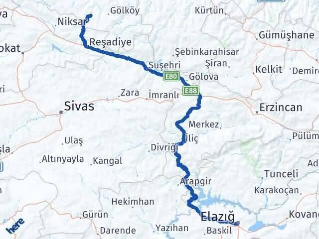 Elazığ Aybastı Ordu Arası Kaç Km - Yol Haritası