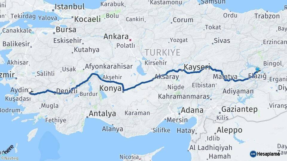 Elazığ Aydın Arası Kaç Km - Yol Haritası