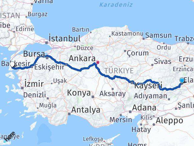 Elazığ Ayvacık Çanakkale Arası Kaç Km - Yol Haritası